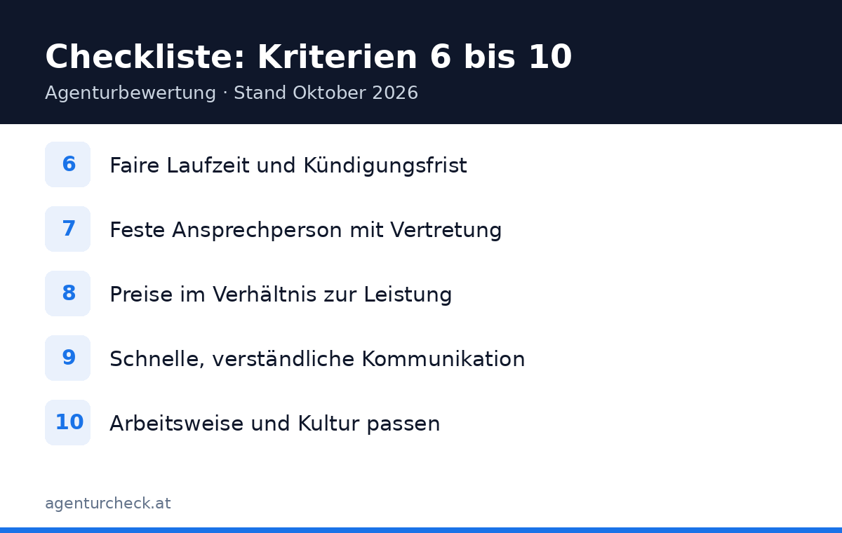 Checkliste zur Bewertung einer Online-Marketing-Agentur, Kriterien sechs bis zehn
